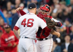 Craig Kimbrel (46) celebrates with Christian Vazquez after Saturday&#039;s victory over the Toronto Blue Jays.