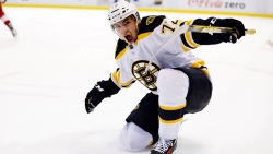 Frank Vatrano scored his first goal in his first game back with the Bruins this season.